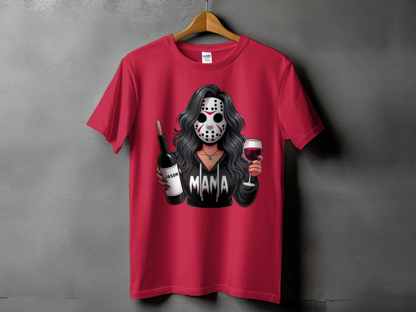 Red t-shirt with graphic of woman in Jason mask holding wine bottle and glass.