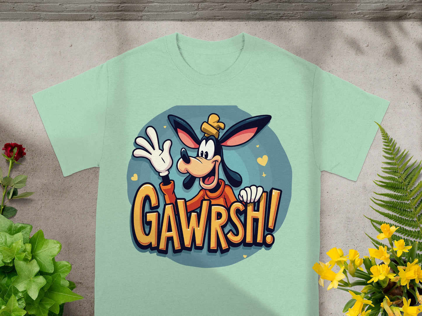 Goofy character from Disney's "Gawrsh!" t-shirt with yellow lettering.