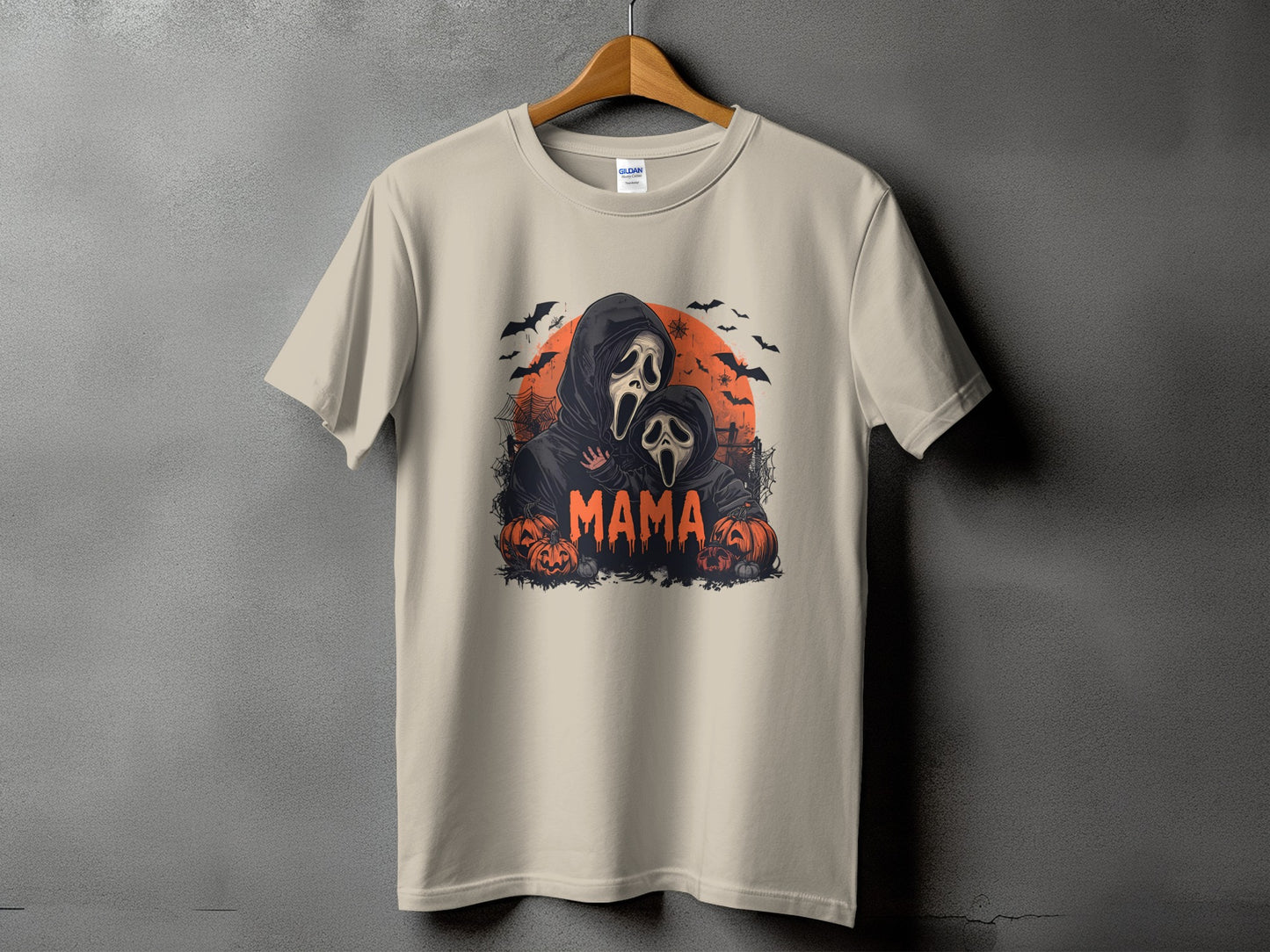 Ghostface figures embrace with "MAMA" text, surrounded by pumpkins and bats.