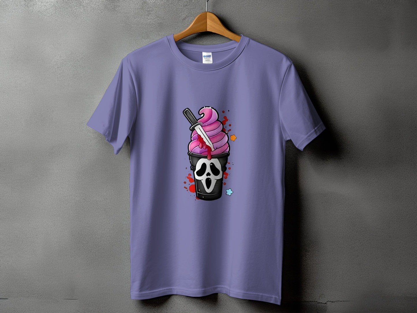 T-shirt with graphic of ghost face ice cream cup with knife and blood splatters.