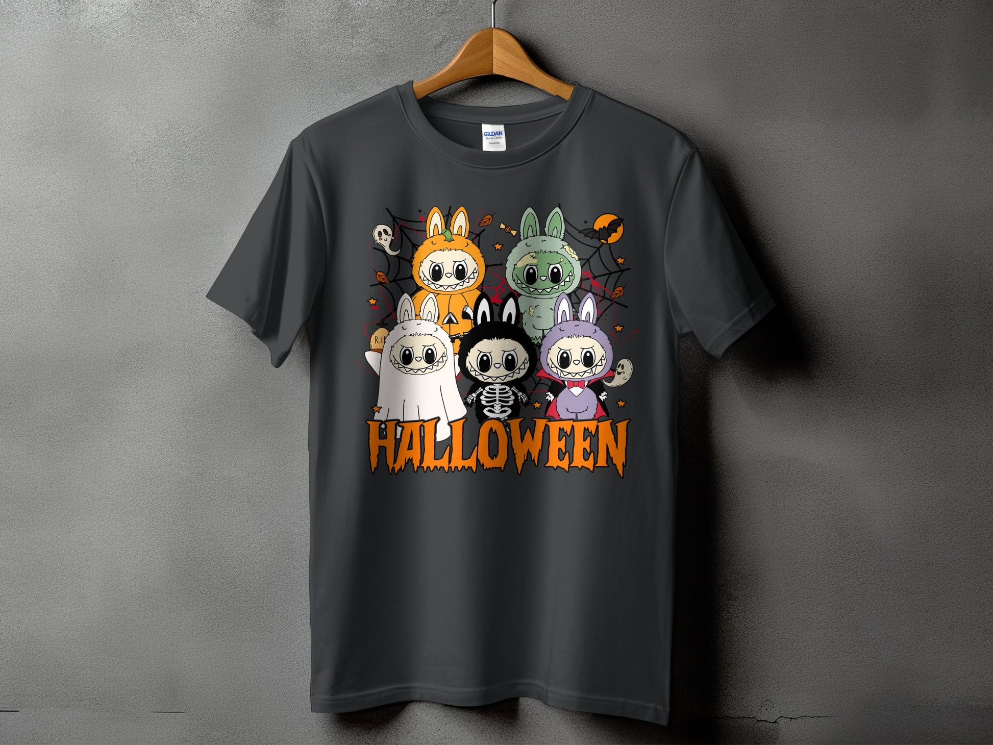 Five cute Halloween characters in costumes with "Halloween" text below.