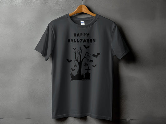 Dark gray t-shirt with black Halloween graphic featuring text and spooky elements.