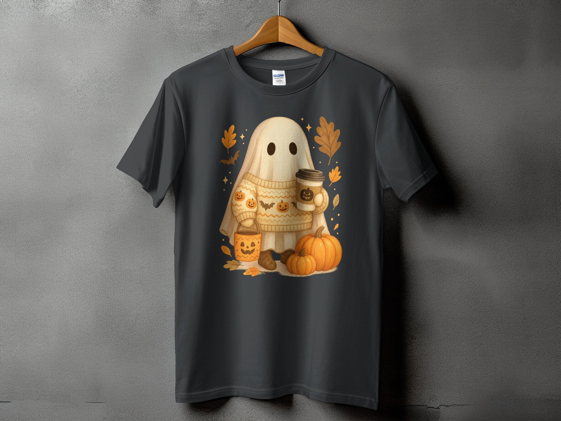 Ghost character in sweater holding coffee cup with pumpkins and autumn leaves.