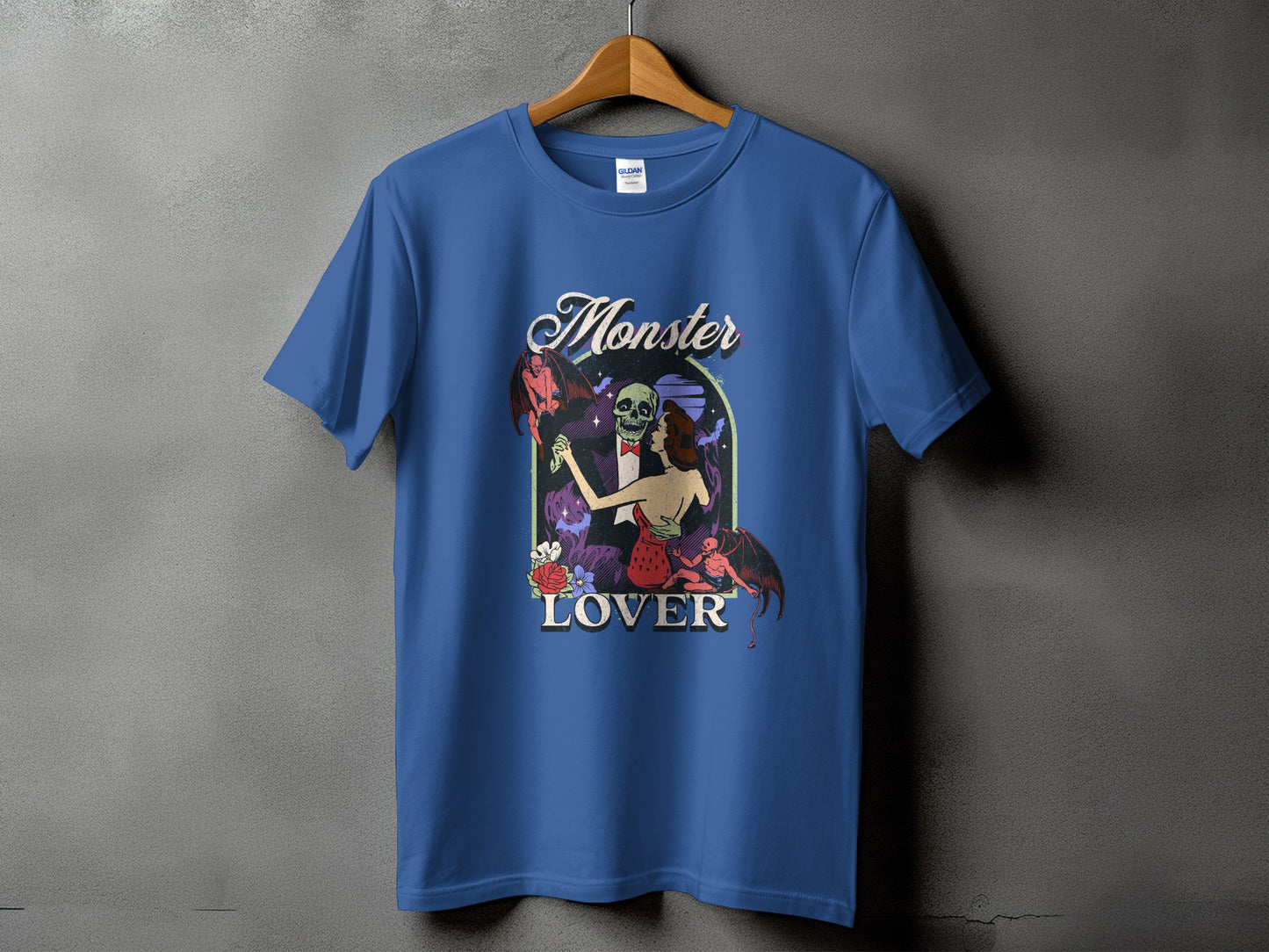 Blue t-shirt with "Monster Lover" text and skeleton couple graphic.