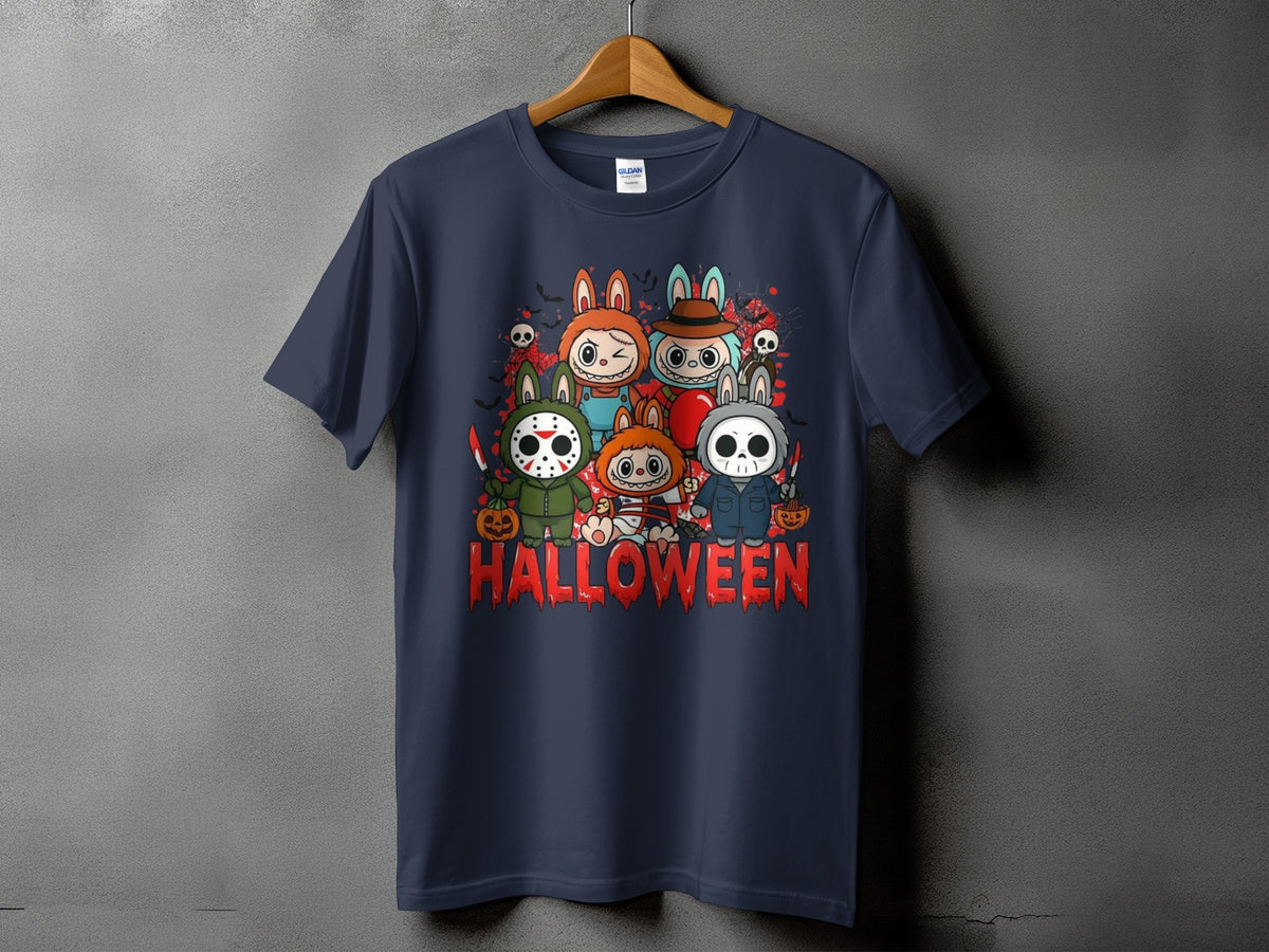 Dark blue t-shirt with cartoon horror characters and the word "HALLOWEEN".