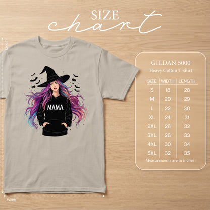 T-shirt featuring witch graphic with "Mama" text and Gildan 5000 size chart.