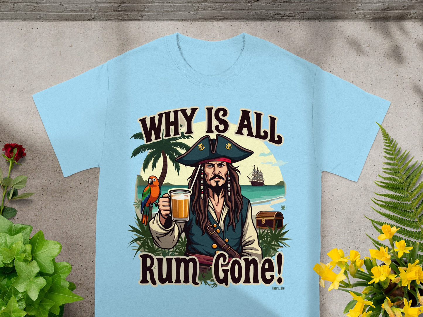 Pirate with parrot and beer says "Why is all rum gone!" with treasure chest.