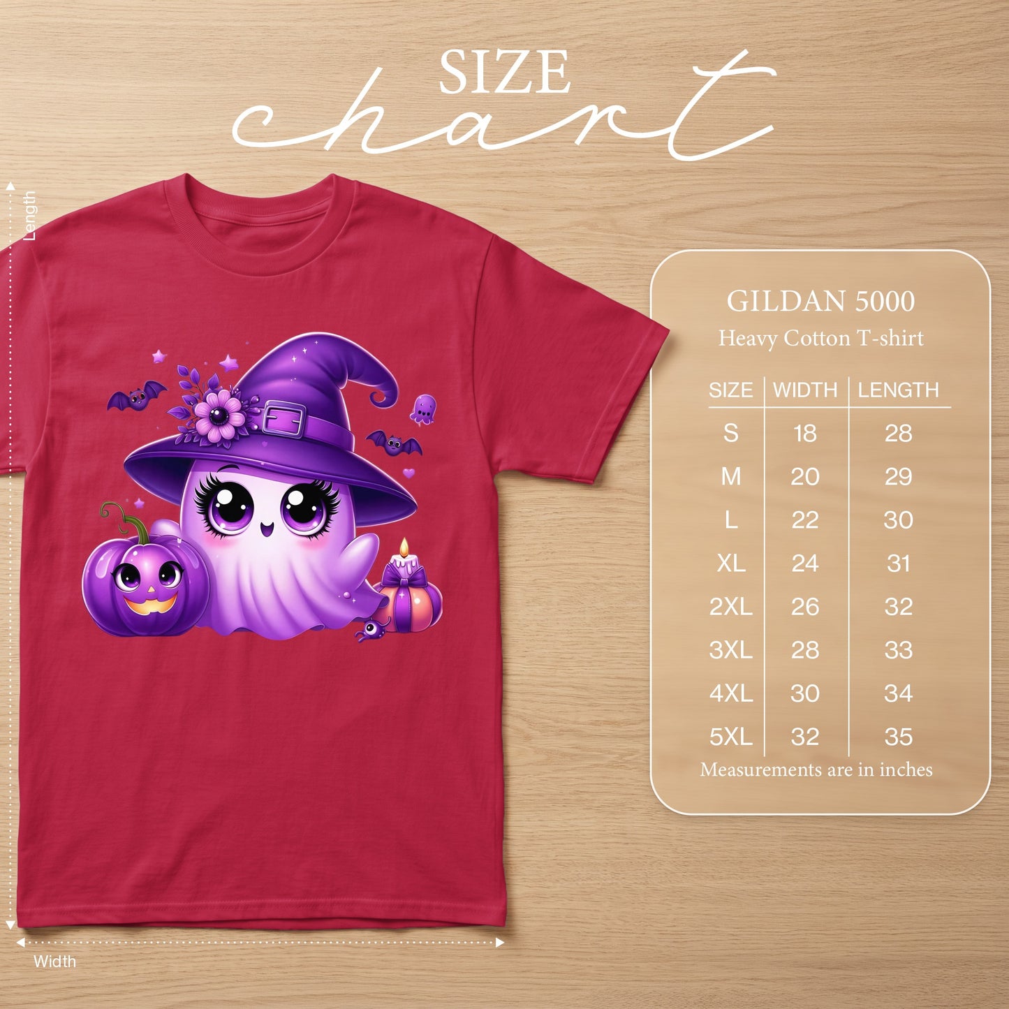 Red Gildan 5000 t-shirt with purple witch ghost, pumpkin, and candle graphic and size chart.