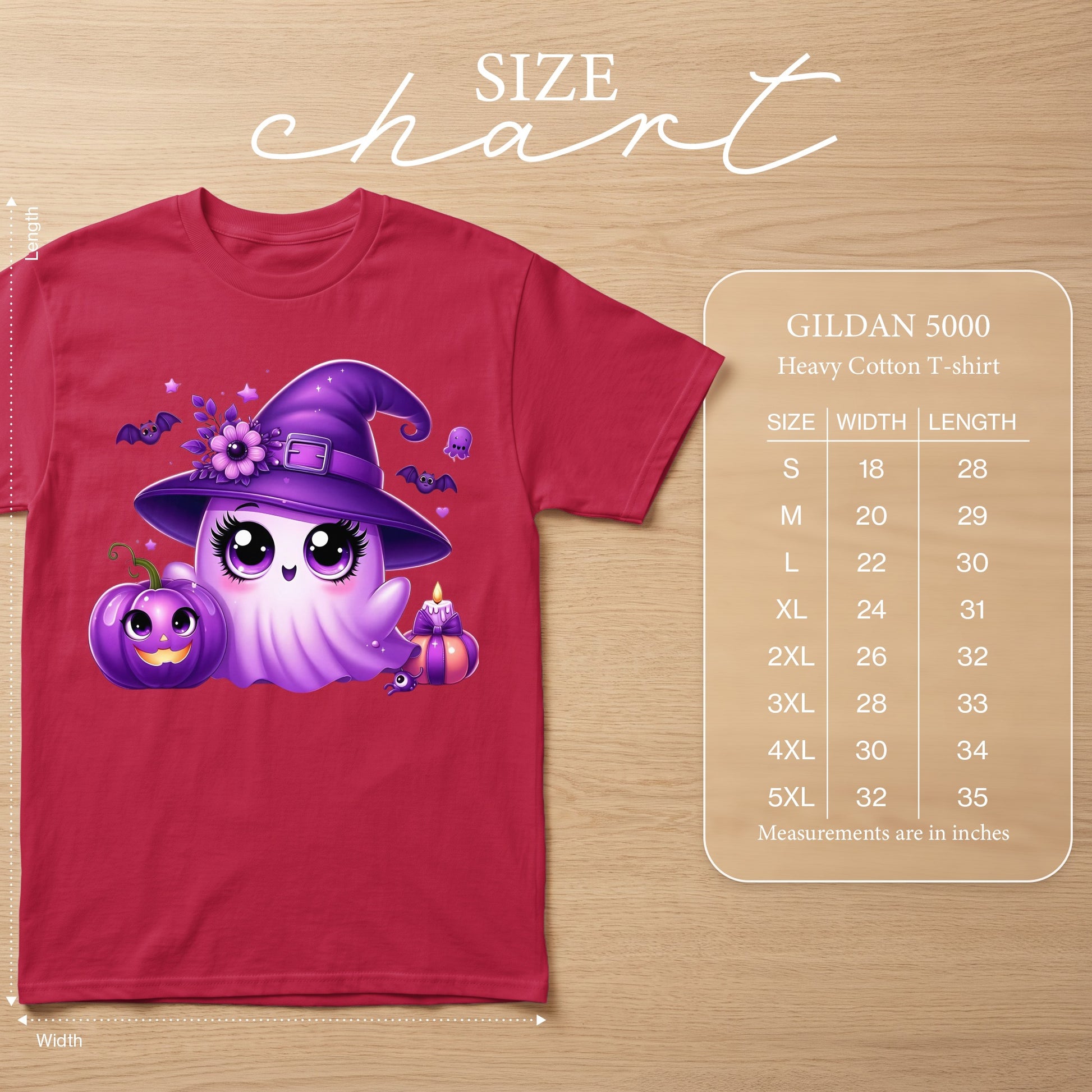 Red Gildan 5000 t-shirt with purple witch ghost, pumpkin, and candle graphic and size chart.