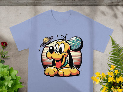 Cartoon Pluto t-shirt with planets and stars design.