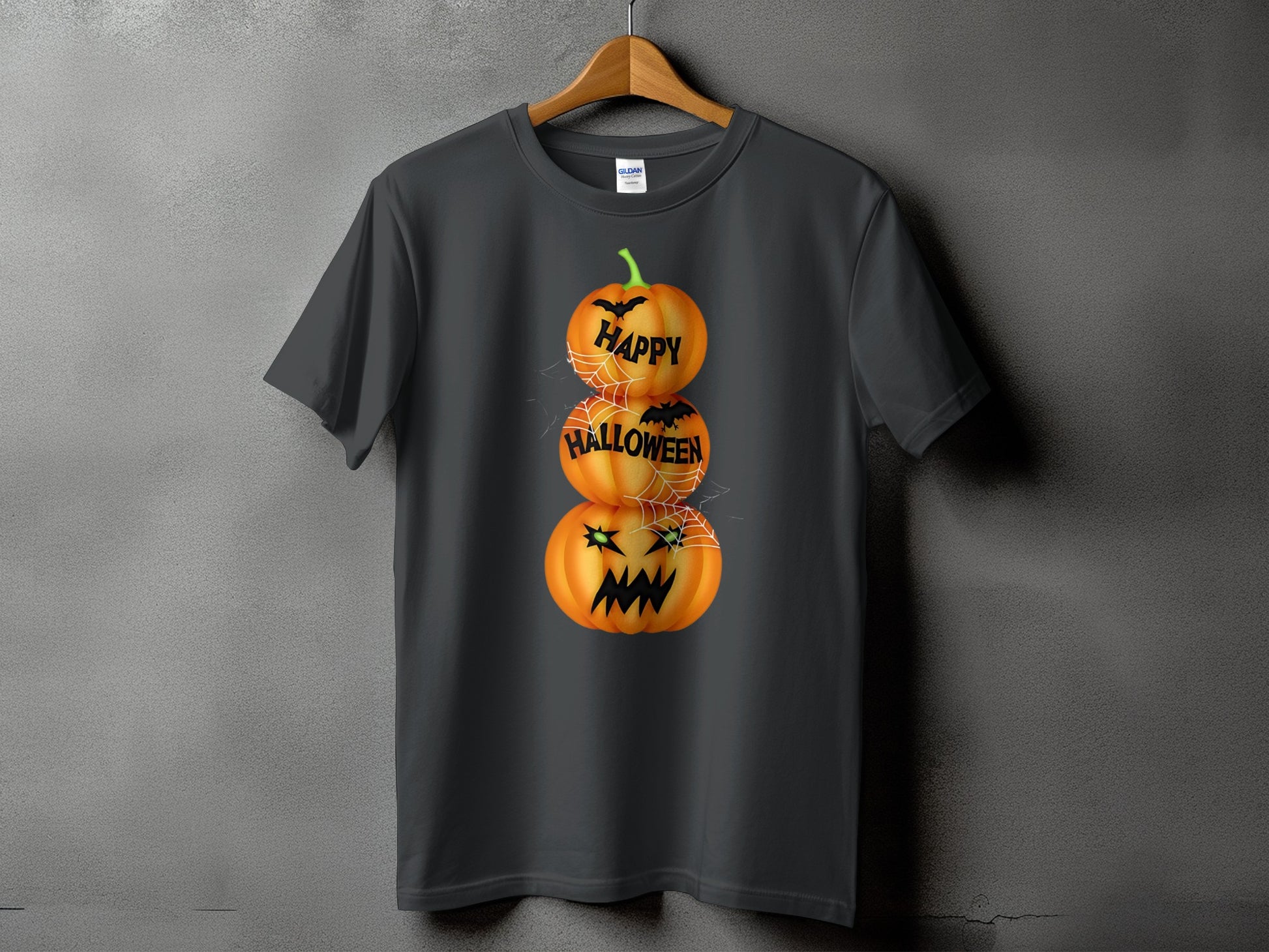 Dark grey t-shirt with stacked Halloween pumpkins saying "Happy Halloween".