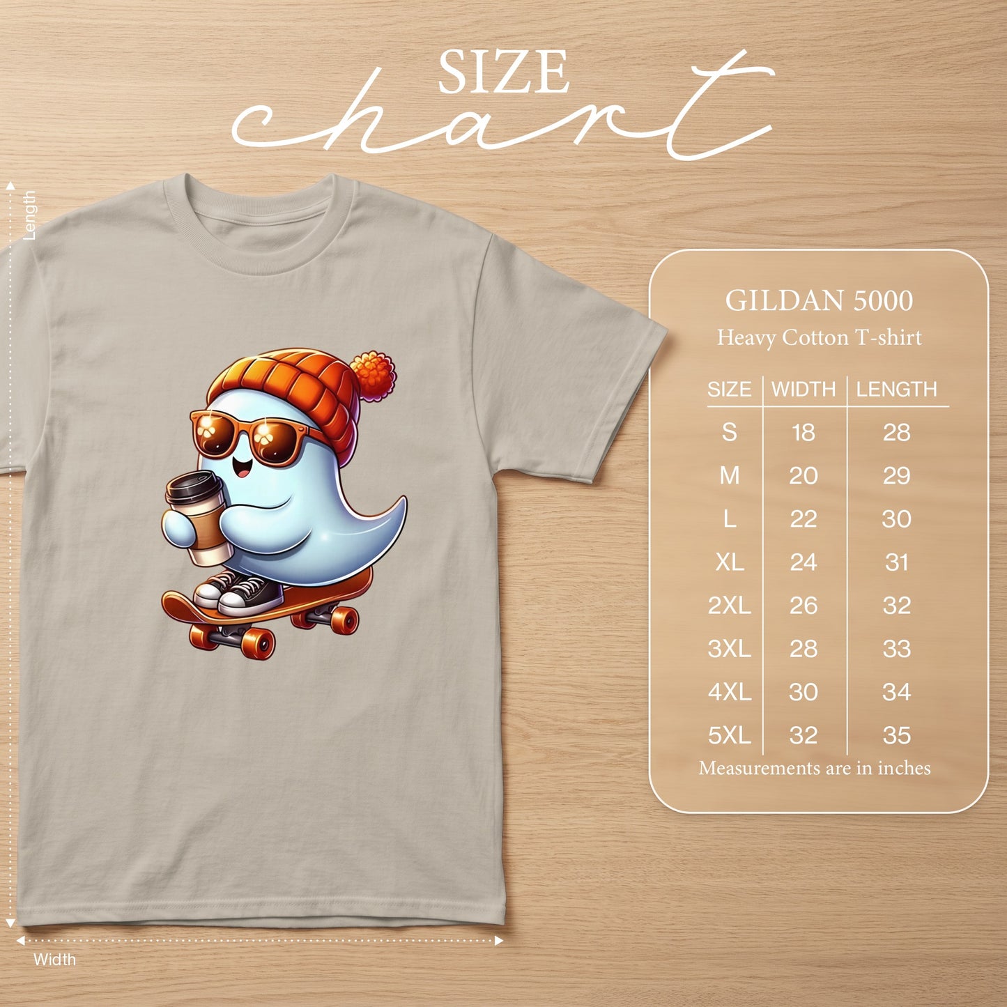 T-shirt size chart for Gildan 5000 heavy cotton t-shirt with ghost graphic.