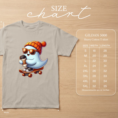 T-shirt size chart for Gildan 5000 heavy cotton t-shirt with ghost graphic.
