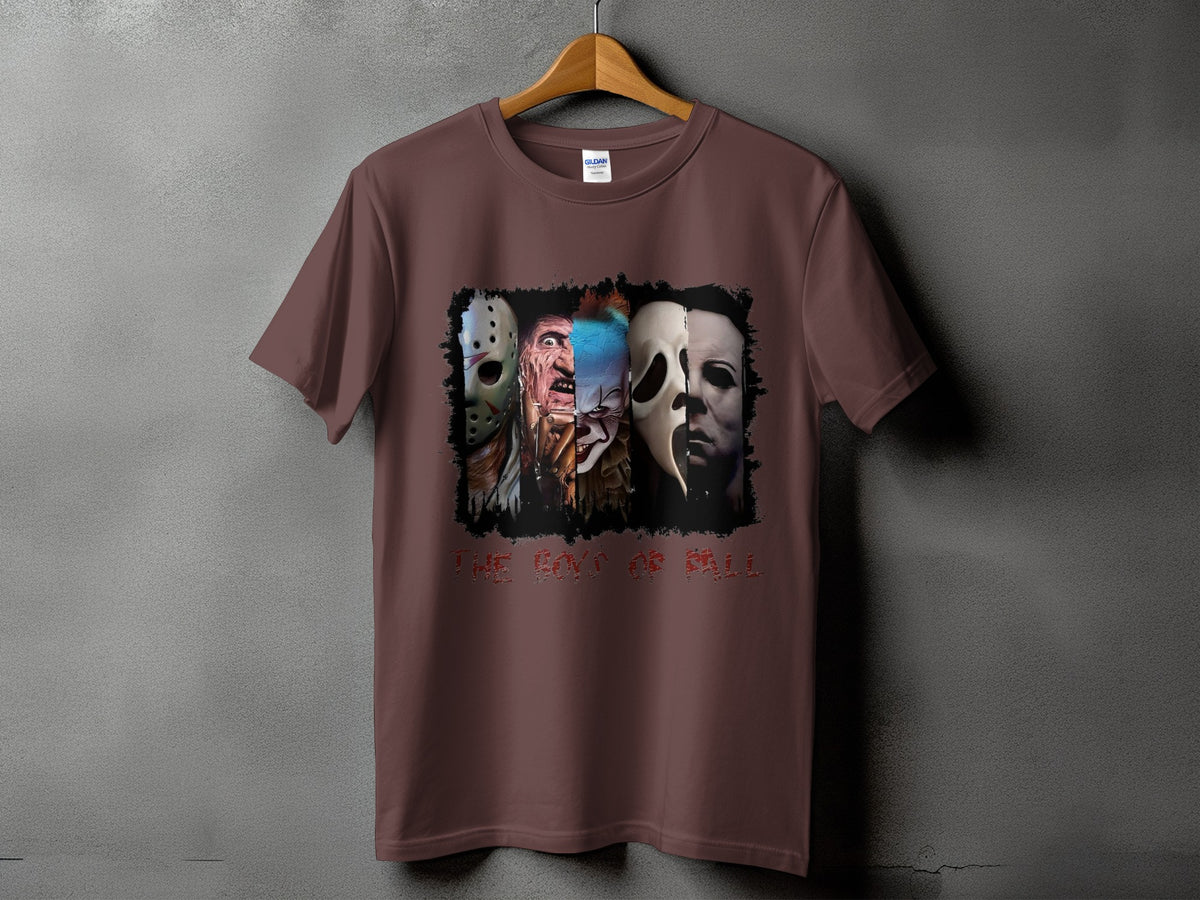 Brown t-shirt featuring horror characters Jason, Freddy, Pennywise, and Michael Myers with text "The Boys of Fall."