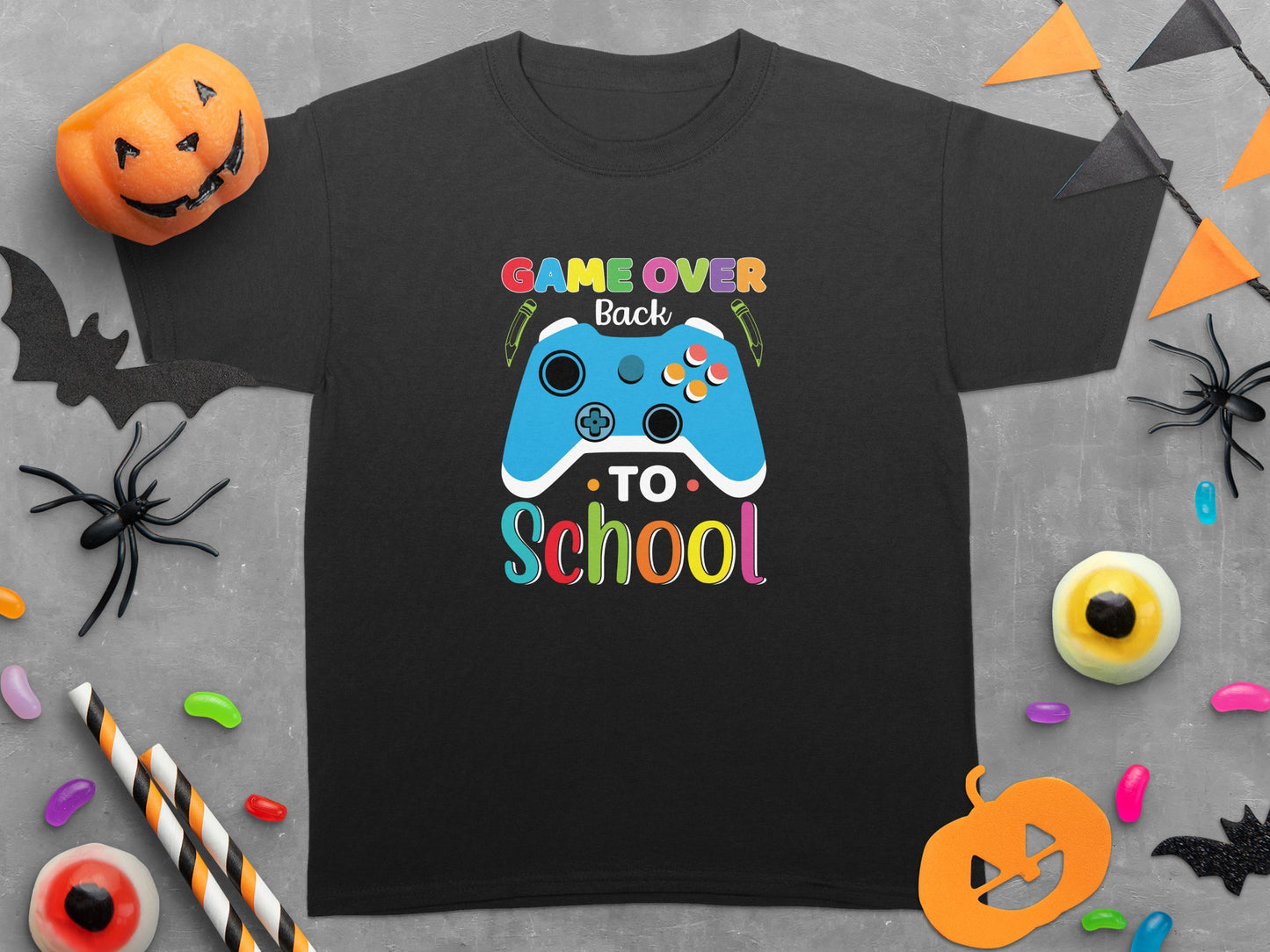Black t-shirt with "Game Over Back To School" and blue controller graphic.