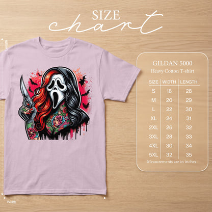 Pink Gildan 5000 t-shirt with a Ghostface-inspired design and size chart.