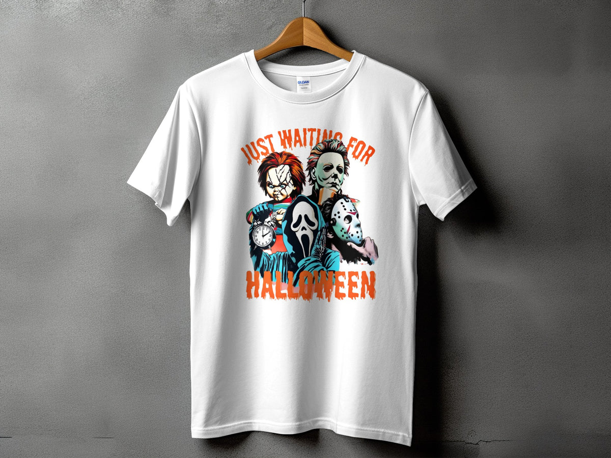 White t-shirt with horror characters and "Just Waiting For Halloween" text.