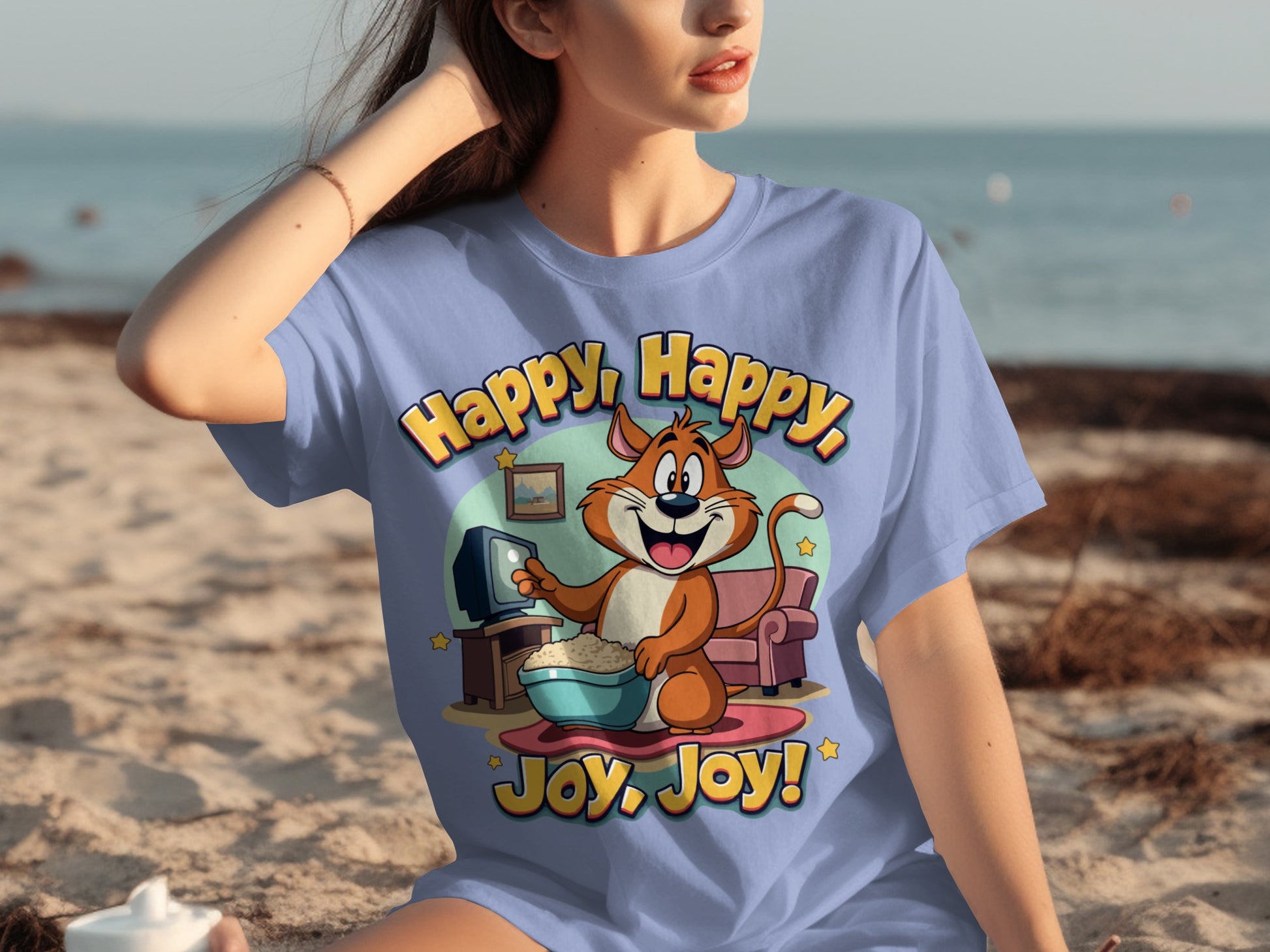 Happy Happy Joy Joy Cartoon Cat Graphic T-Shirt