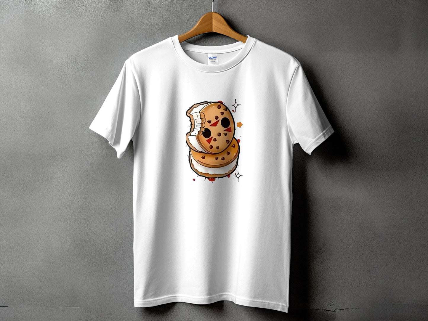 White t-shirt with a cartoon ice cream sandwich graphic featuring a bite mark.