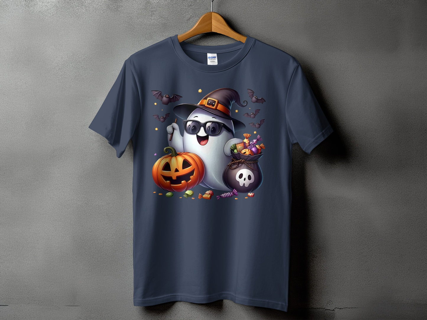 Halloween t-shirt with a ghost wearing sunglasses and a hat, holding candy.