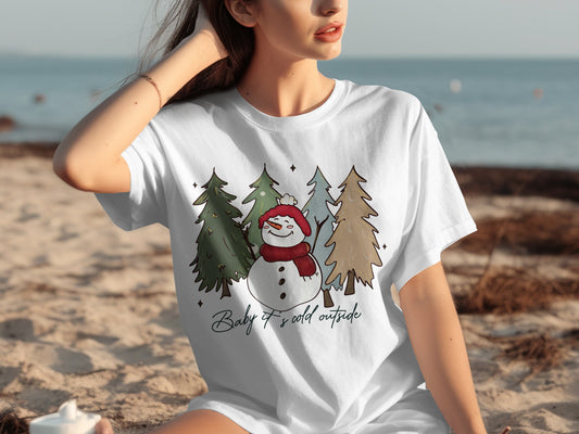 Baby it's cold outside snowman and trees shirt