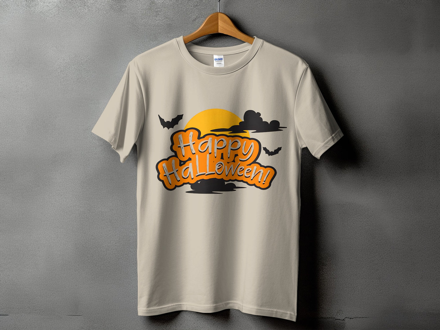 Light beige t-shirt with "Happy Halloween!" text, bats, moon, and clouds design.