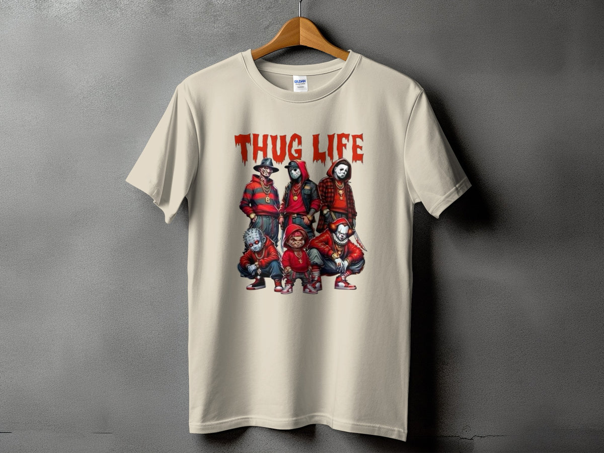 T-shirt with "THUG LIFE" text and six horror characters.