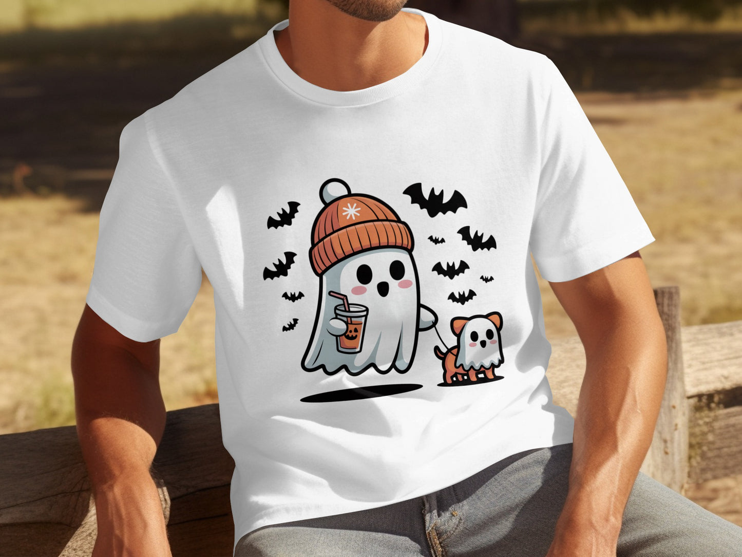 Cute Ghost with Dog and Bats Graphic T-Shirt