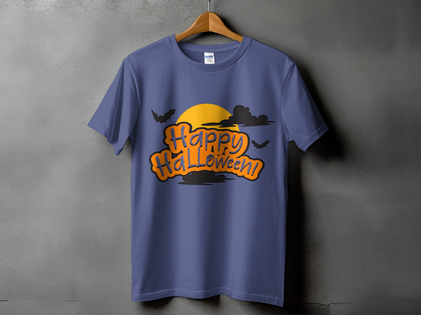 Purple t-shirt with "Happy Halloween!" text and Halloween graphics.