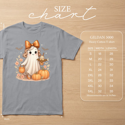 Gildan 5000 Heavy Cotton T-shirt size chart with ghost Halloween graphic.
