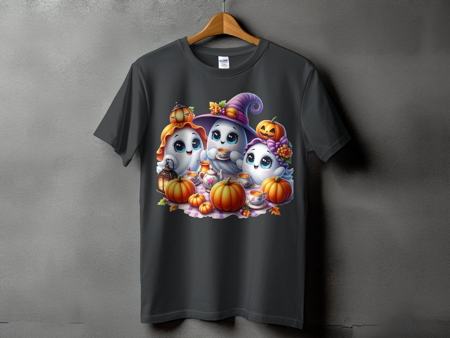 Three cute ghosts celebrating Halloween with pumpkins and tea.