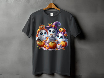 Three cute ghosts celebrating Halloween with pumpkins and tea.
