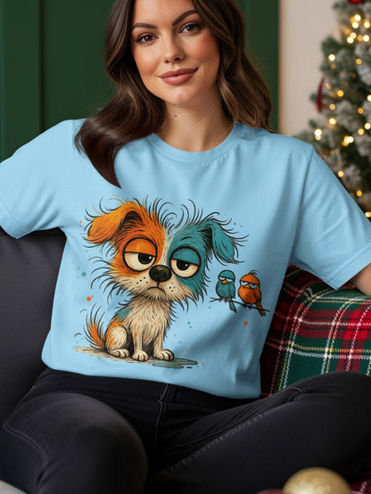 Blue t-shirt with cartoon dog and two small birds on a branch.