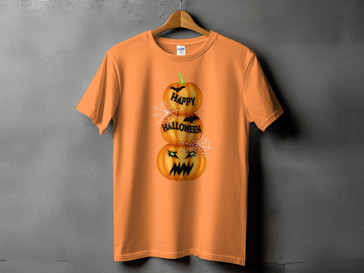Orange t-shirt with stacked pumpkins and "Happy Halloween" text.