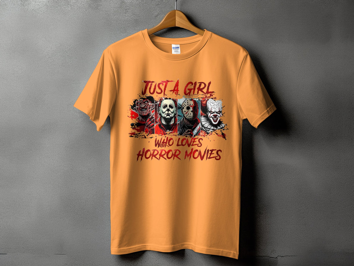 Orange t-shirt with "Just a Girl Who Loves Horror Movies" and horror movie villains.