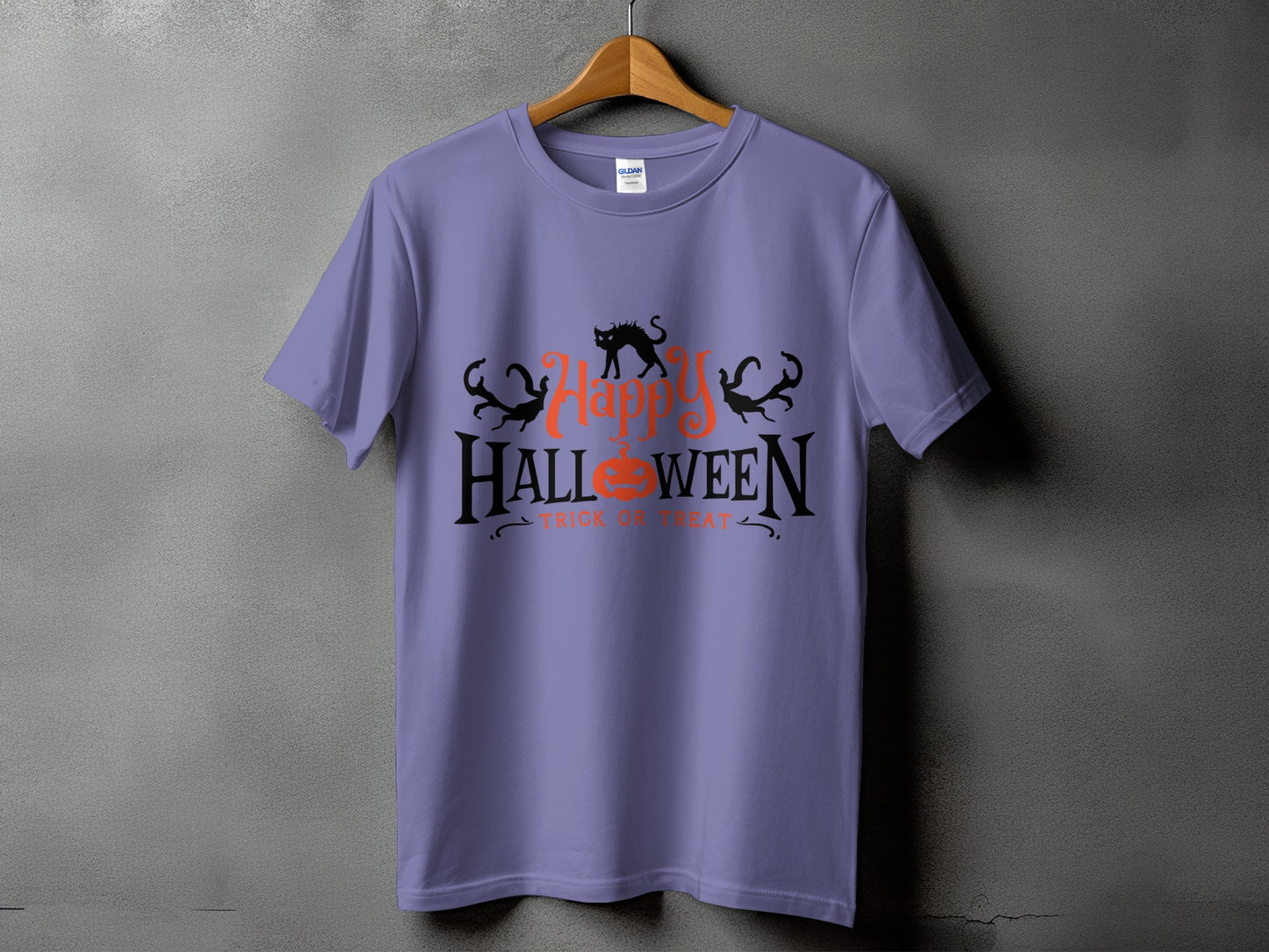 Purple t-shirt with "Happy Halloween" text, a black cat, and pumpkin design.