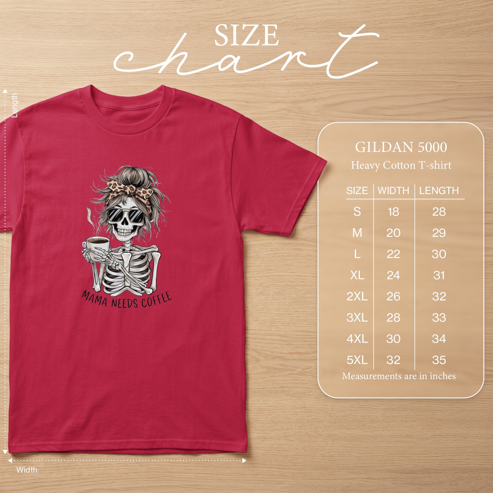 Skeleton graphic t-shirt with "Mama Needs Coffee" text and Gildan 5000 size chart.
