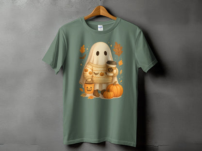 Ghost in sweater holding coffee and pumpkin bucket, with pumpkins and leaves.