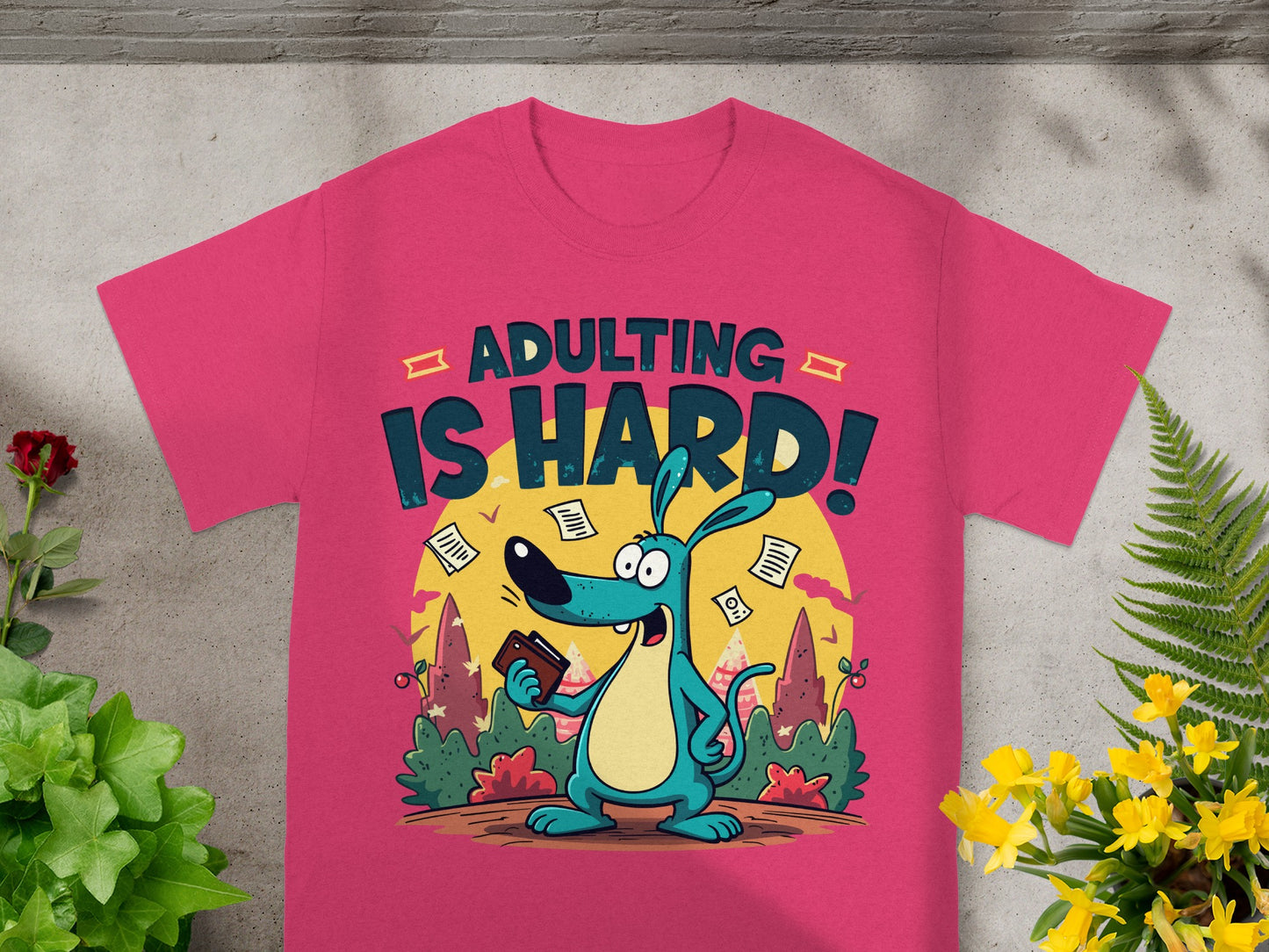 T-shirt with "Adulting is Hard!" text and cartoon dog holding wallet.
