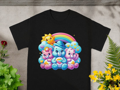 Care Bears sitting together under a rainbow with a sun.