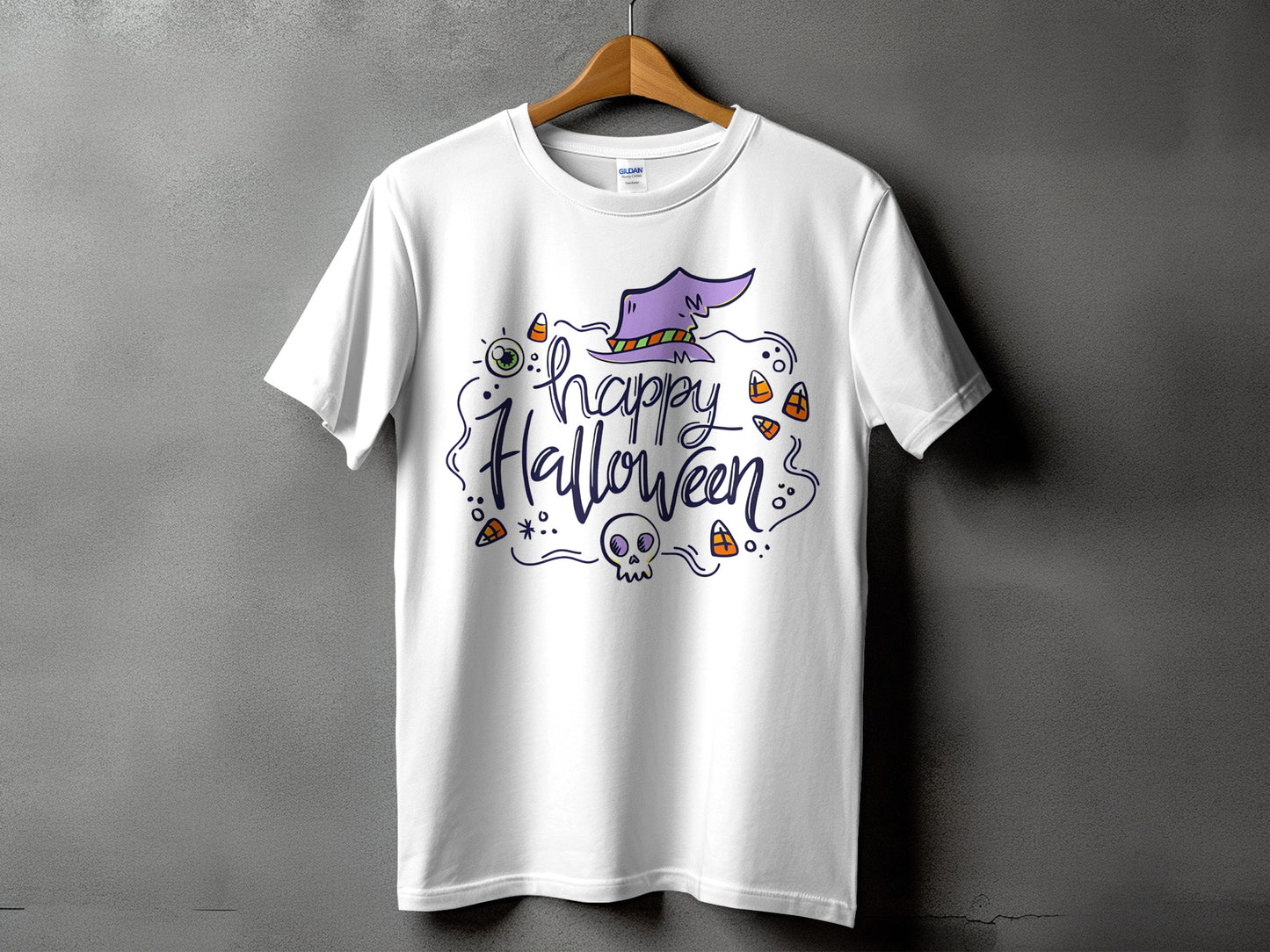 White t-shirt with "Happy Halloween" text, witch hat, skull, and candy.