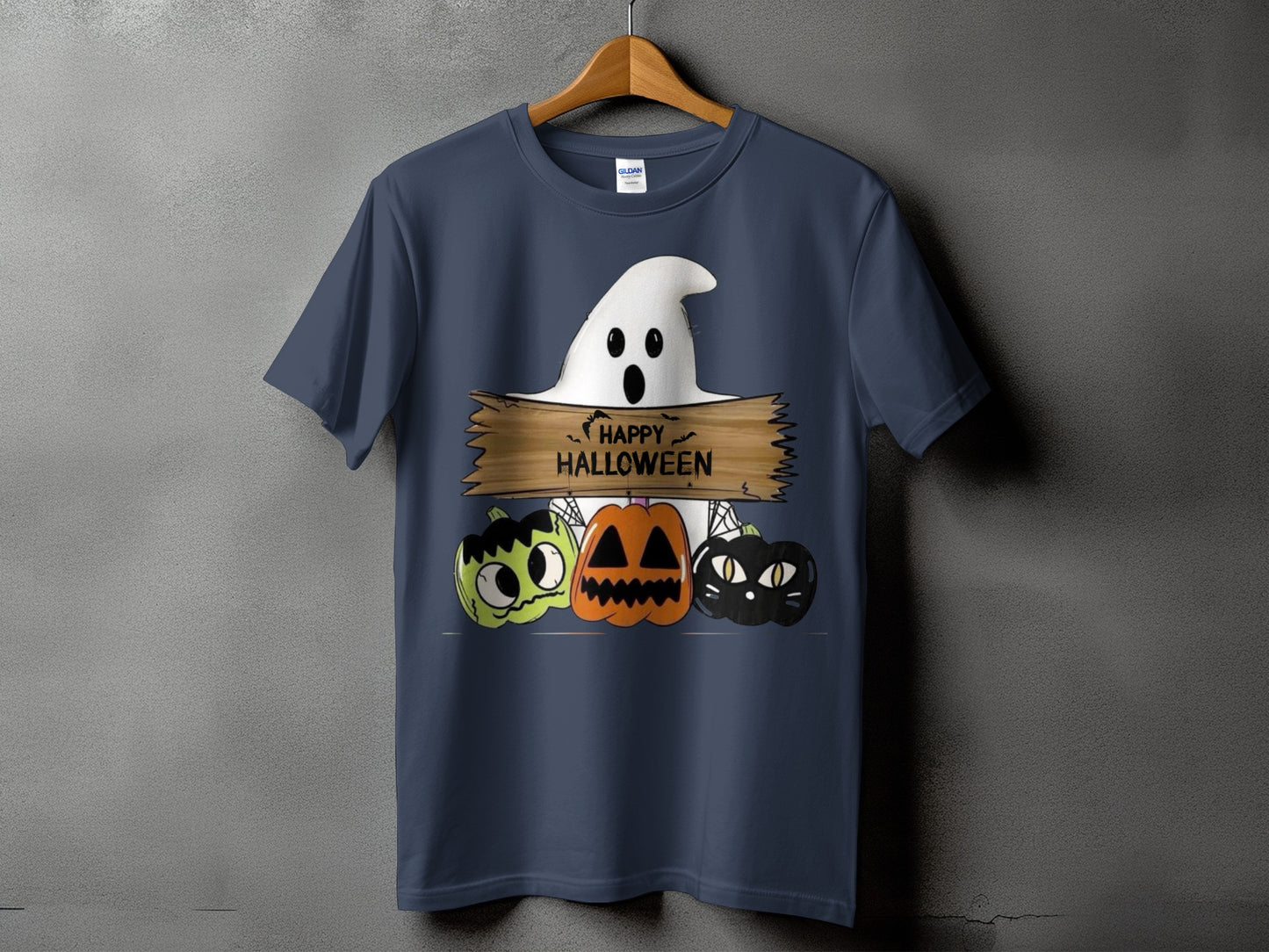 Ghost with "Happy Halloween" text, green zombie pumpkin, jack-o'-lantern, and black cat pumpkin.