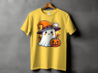 Yellow t-shirt with a cute Halloween ghost wearing a witch hat and holding a pumpkin.