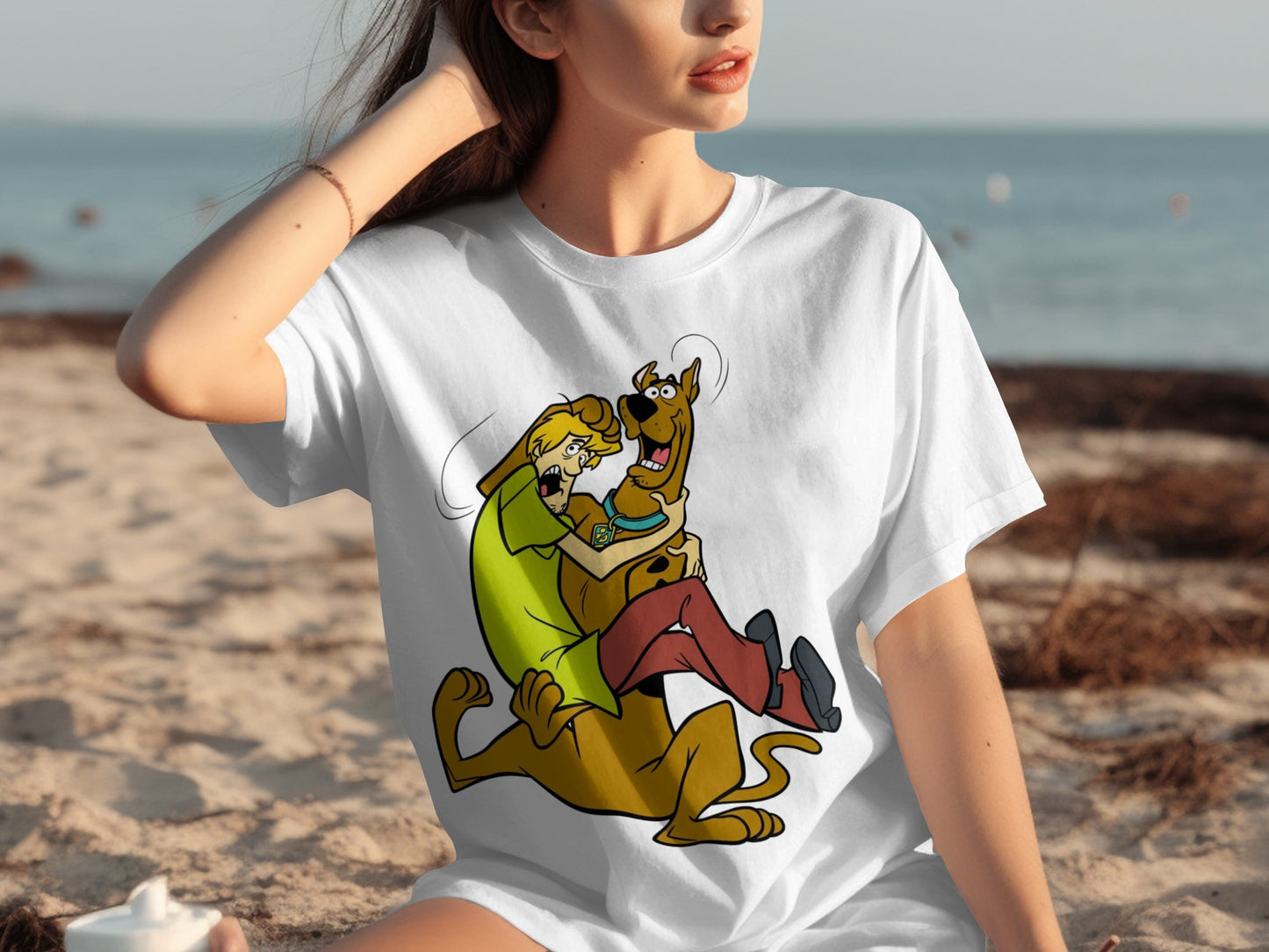 Cartoon Character Hug Beach Scene Graphic T-shirt