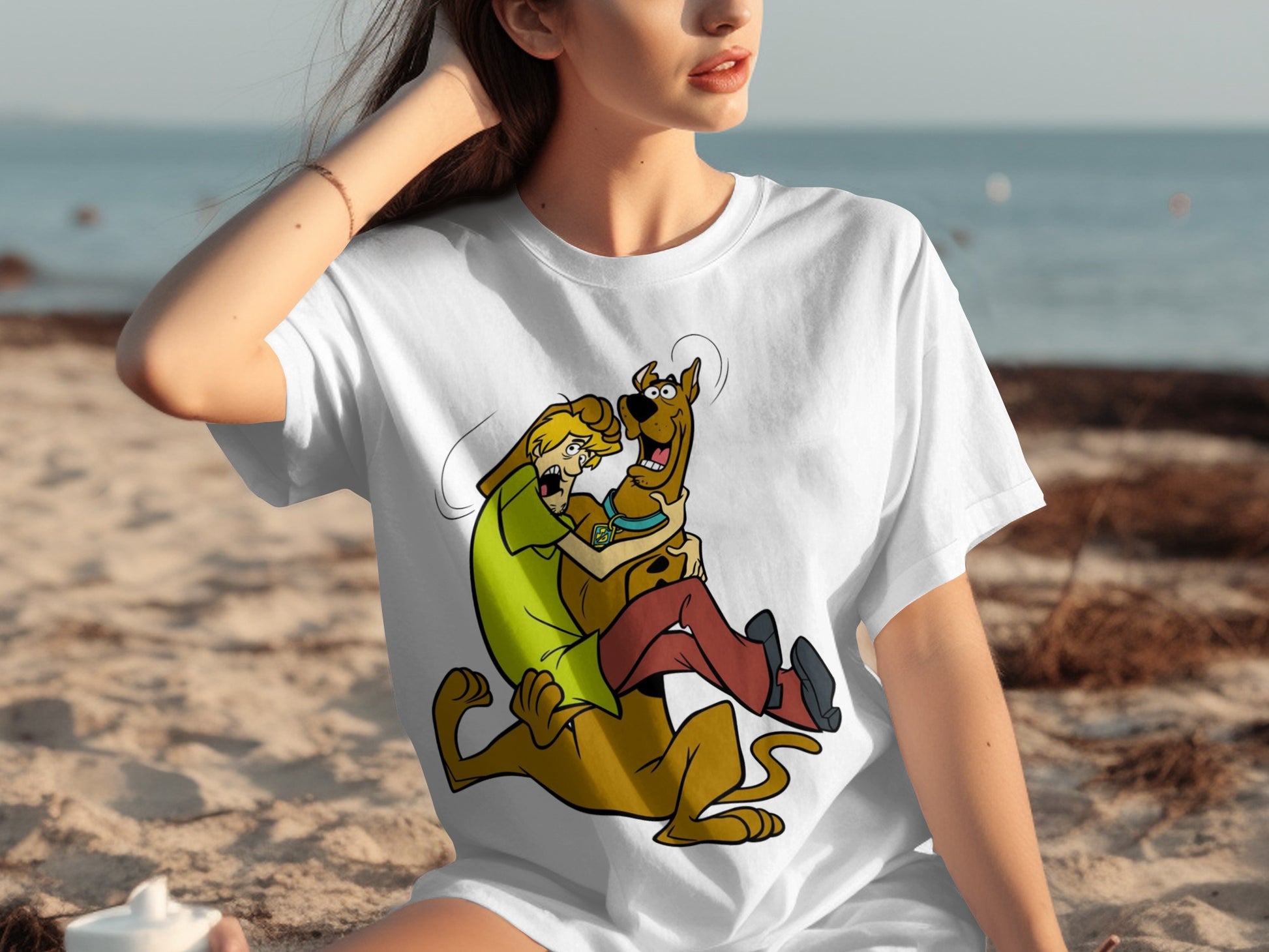 Cartoon Character Hug Beach Scene Graphic T-shirt