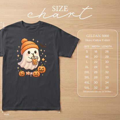 Gildan 5000 Heavy Cotton T-shirt size chart with ghost graphic and measurements in inches.