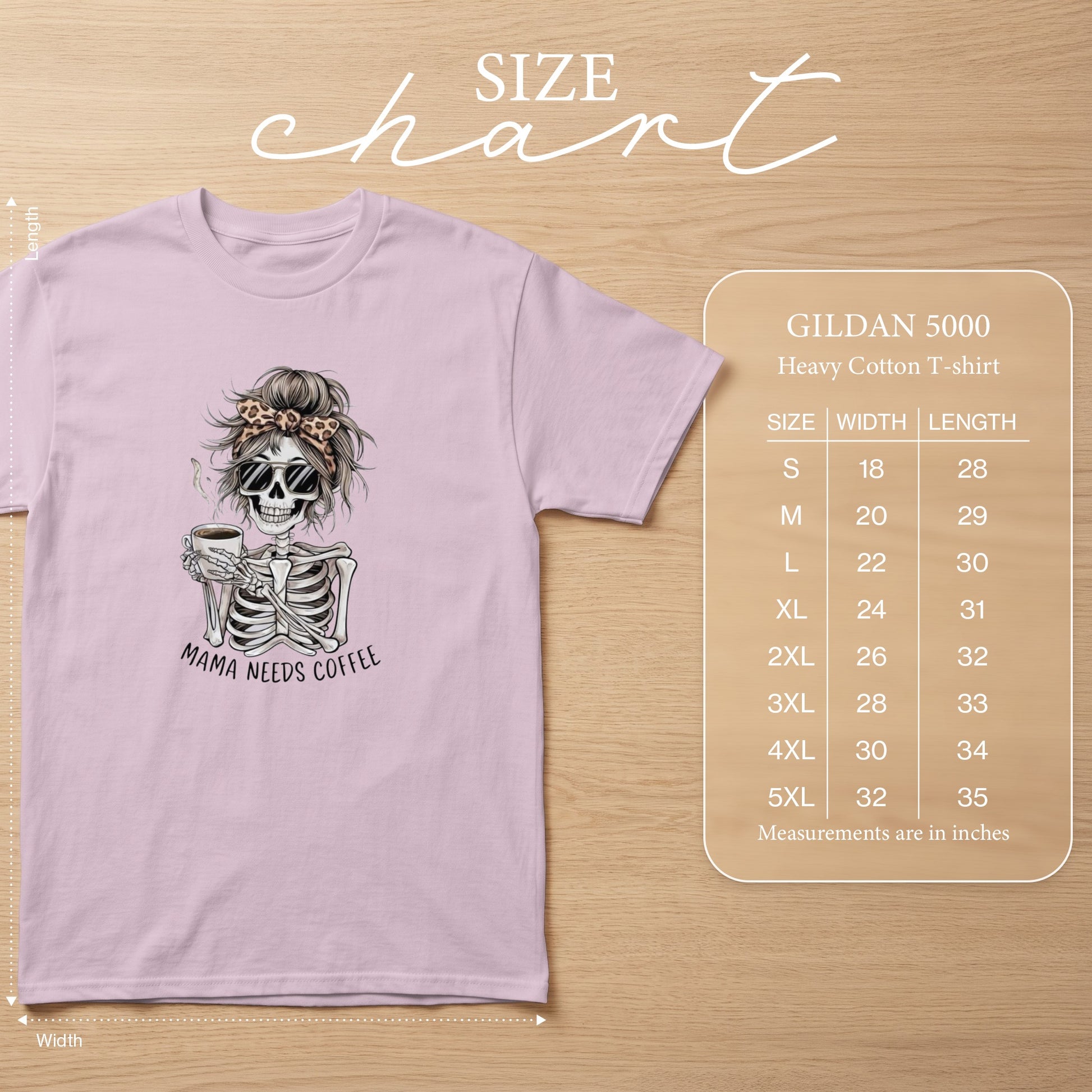 GILDAN 5000 Heavy Cotton T-shirt size chart with measurements in inches.