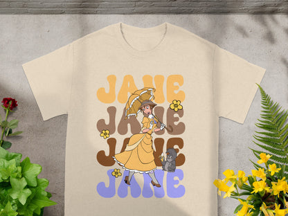 Jane cartoon character with umbrella and gorilla, retro-style text.