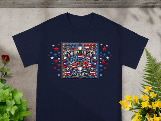 Navy t-shirt with graphic celebrating America's 250 years of liberty and justice.