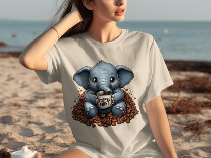 Adorable Elephant Coffee First Graphic T-Shirt